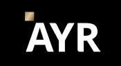 לוגו לבן על רקע שחור, עם הכתובת "AYR" וריבוע קטן בצבע זהב.