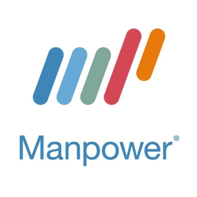 הלוגו של Manpower: מעל הכיתוב "Manpower" מופיעים ארבעה פסים צבעוניים - כחול, ירקרק, אדום וכתום - המסודרים בא