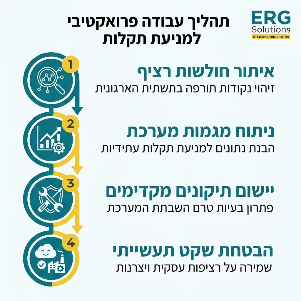 אינפוגרפיקה — תהליך עבודה פרואקטיבי למניעת תקלות: איתור חולשות רציף, ניתוח מגמות מערכת, יישום תיקונים מקדימים, הבטחת שקט תעשי