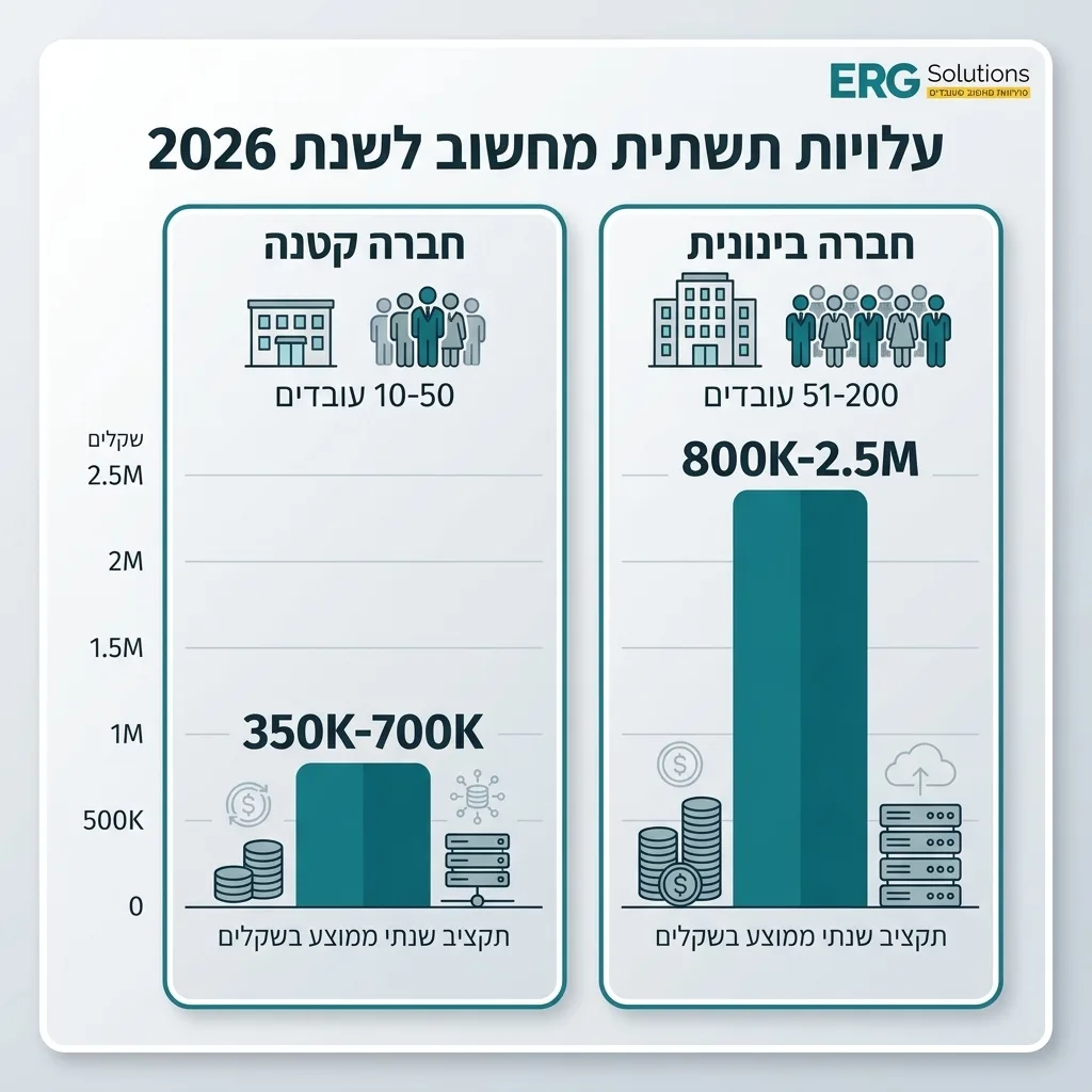 אינפוגרפיקה — עלויות תשתית מחשוב לשנת 2026: עובדים בחברה קטנה, תקציב שנתי ממוצע בשקלים, עובדים בחברה בינונית, תקציב שנתי ממוצ