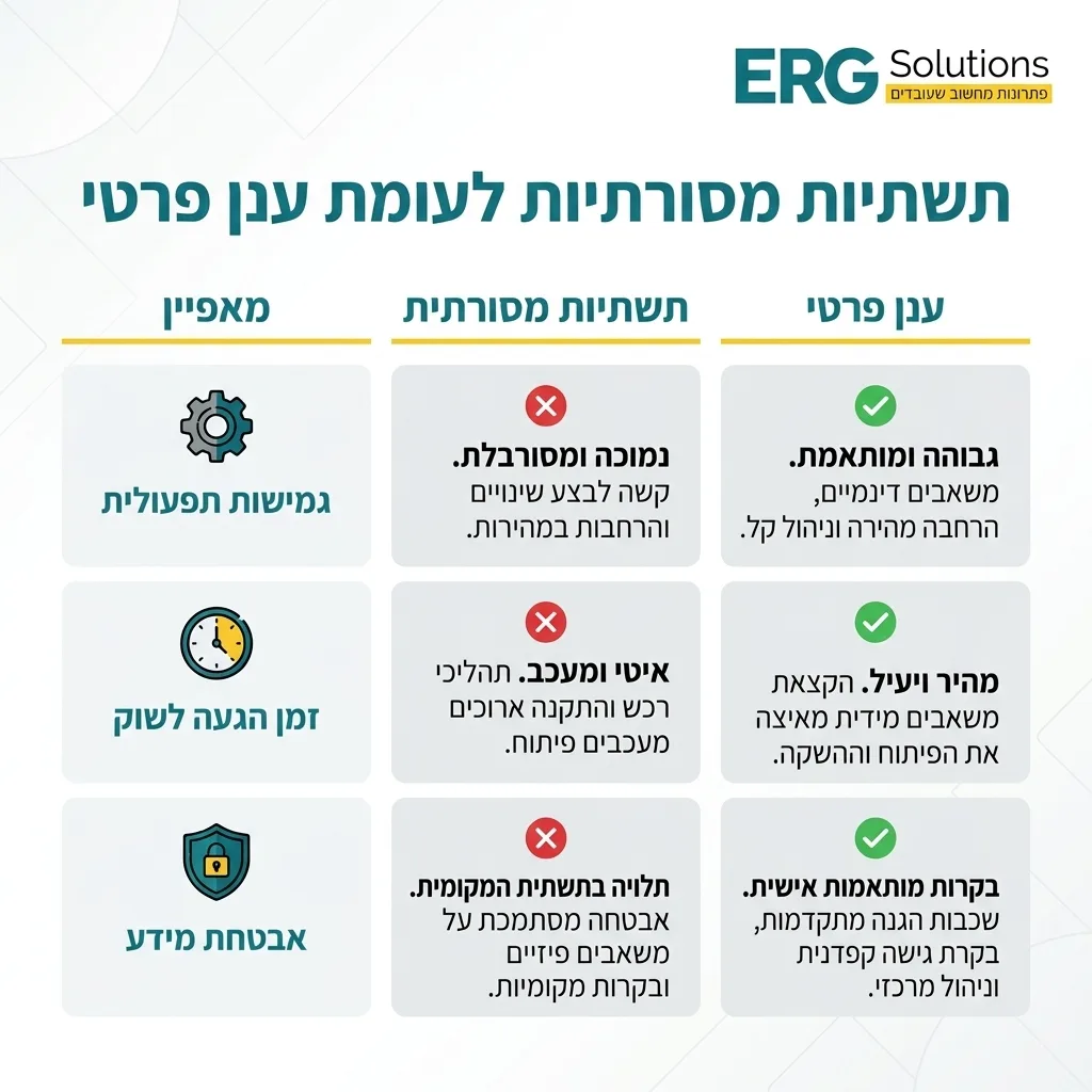 אינפוגרפיקה — תשתיות מסורתיות לעומת ענן פרטי: השוואה בין תשתית מסורתית, ענן פרטי