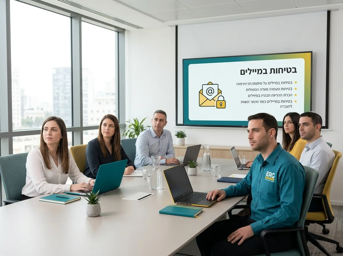 צילום של צוות עובדים יושב בחדר ישיבות משרדי ומקשיב להדרכה, מוקרנת מצגת בנושא בטיחות במיילים, אווירה מקצועית וקשובה, תאורת משרד טבעית.