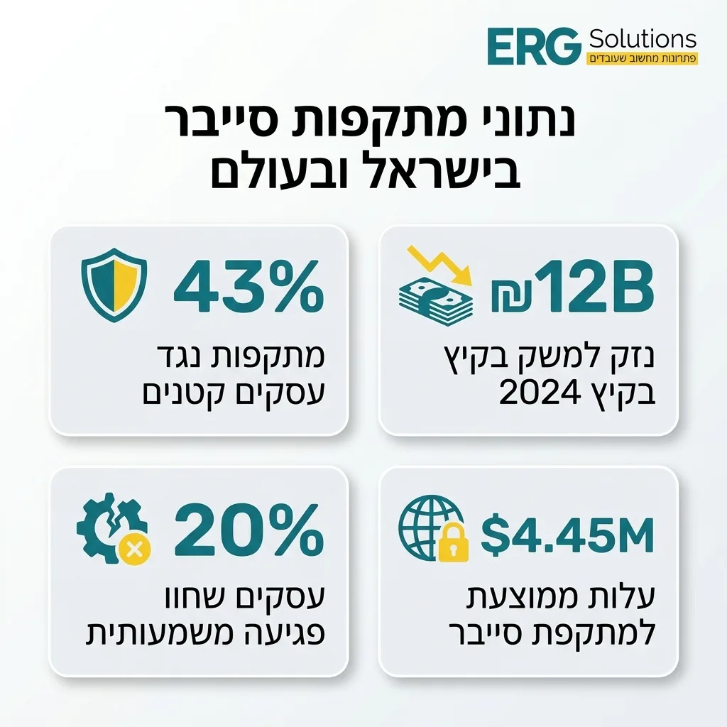 אינפוגרפיקה — נתוני מתקפות סייבר בישראל ובעולם: מתקפות נגד עסקים קטנים, נזק למשק בקיץ 2024, עסקים שחוו פגיעה משמעותית, עלות מ