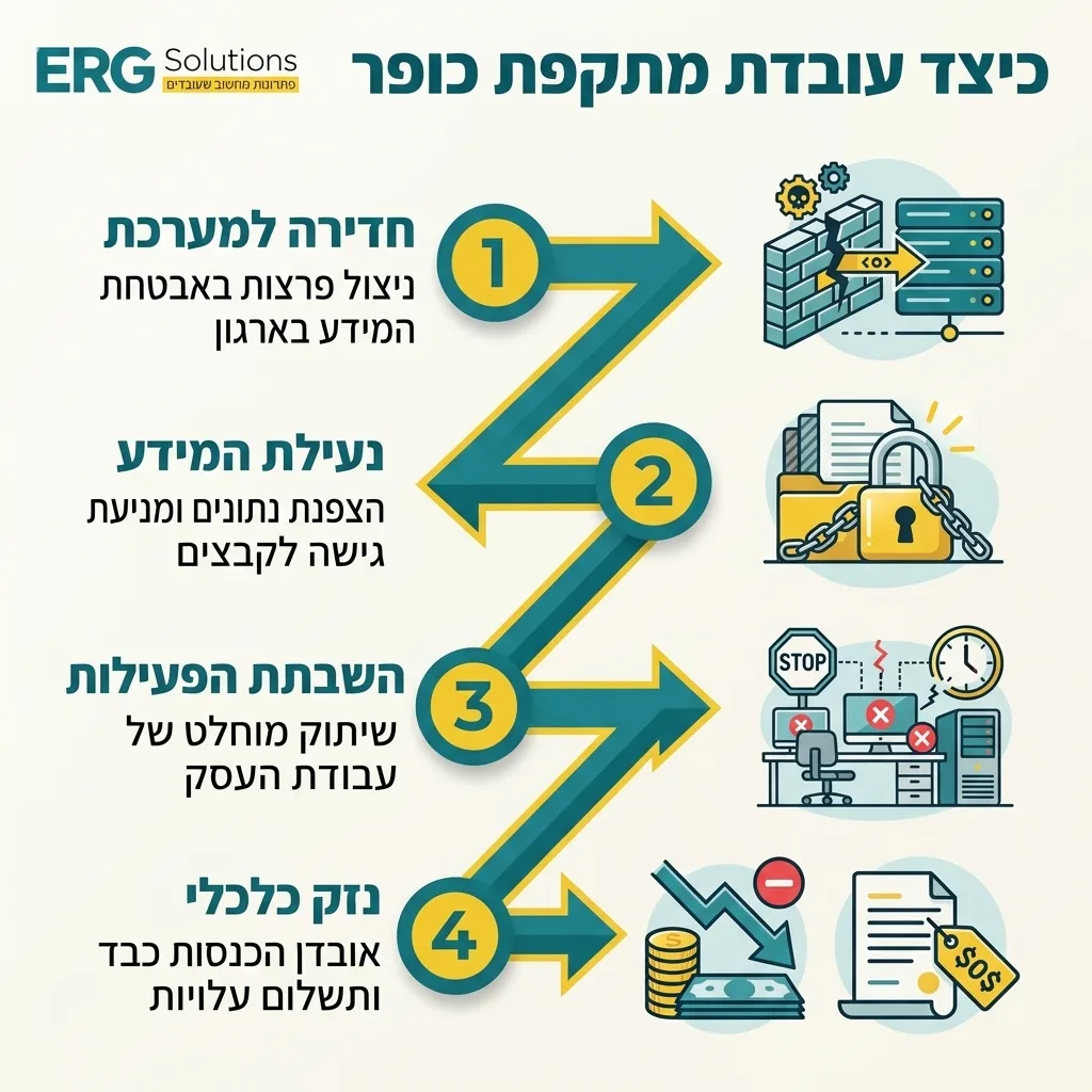 אינפוגרפיקה — כיצד עובדת מתקפת כופר: חדירה למערכת, נעילת המידע, השבתת הפעילות, נזק כלכלי