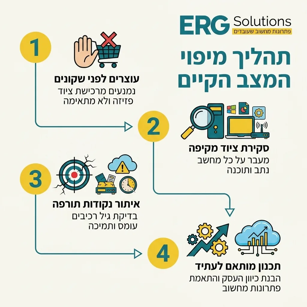 אינפוגרפיקה — תהליך מיפוי המצב הקיים: עוצרים לפני שקונים, סקירת ציוד מקיפה, איתור נקודות תורפה, תכנון מותאם לעתיד