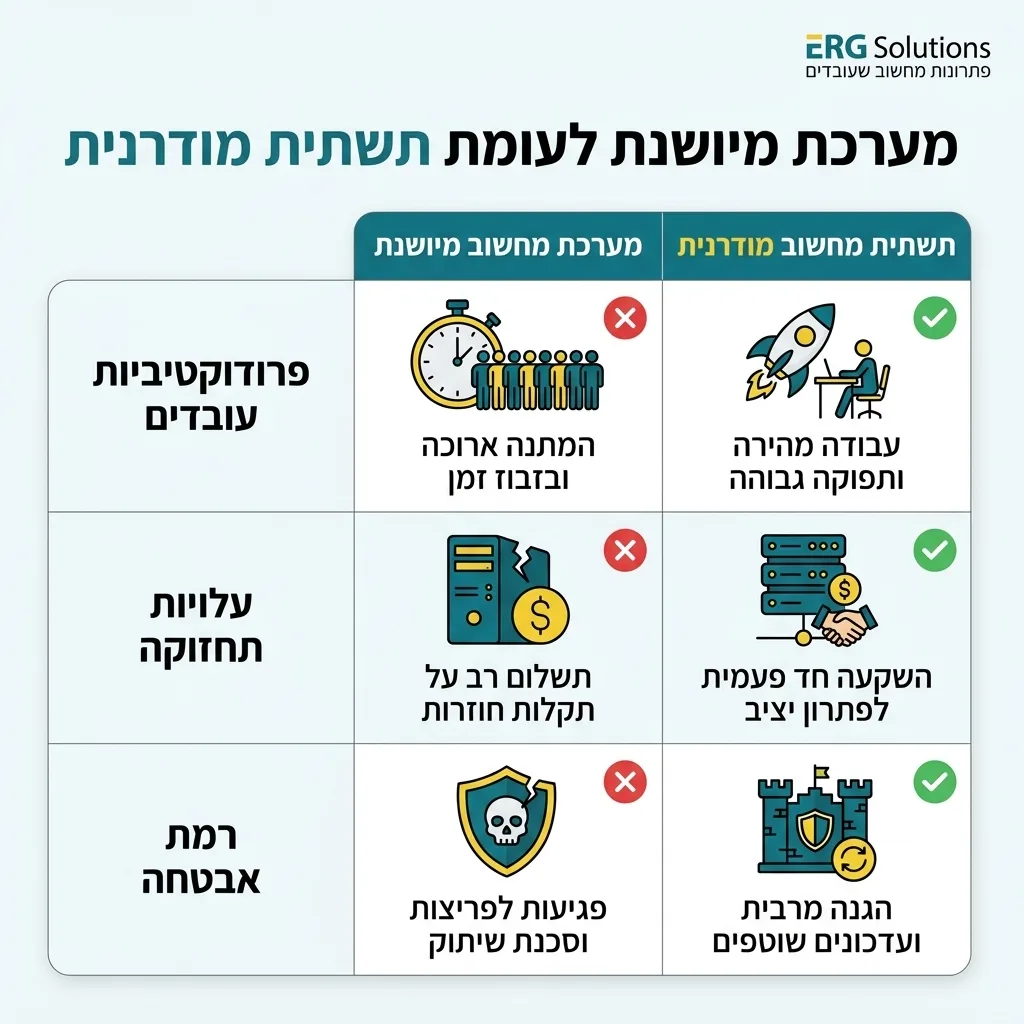 אינפוגרפיקה — מערכת מיושנת לעומת תשתית מודרנית: השוואה בין מערכת מחשוב מיושנת, תשתית מחשוב מודרנית