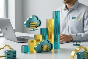 גרף צמיחה עולה בשילוב אייקונים של ענן ושרתים מתקדמים, הממחיש שילוב בין כלכלה לטכנולוגיה.