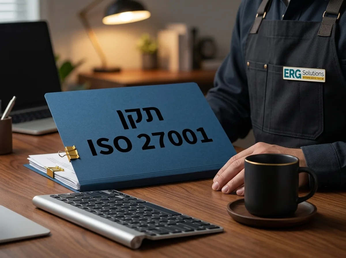צילום ריאליסטי של תיקייה משרדית ועליה מודפס באותיות גדולות תקן ISO 27001, מונחת על שולחן עץ לצד מקלדת וספל קפה, תאורת משרד חמימה, משדר אמינות וסדר
