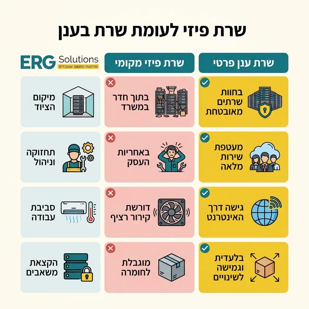 אינפוגרפיקה — שרת פיזי לעומת שרת בענן: השוואה בין שרת פיזי מקומי, שרת ענן פרטי