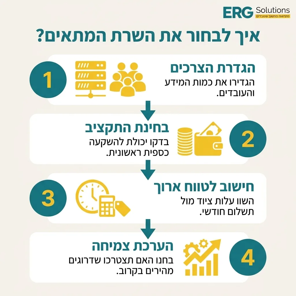 אינפוגרפיקה — איך לבחור את השרת המתאים?: הגדרת הצרכים, בחינת התקציב, חישוב לטווח ארוך, הערכת צמיחה