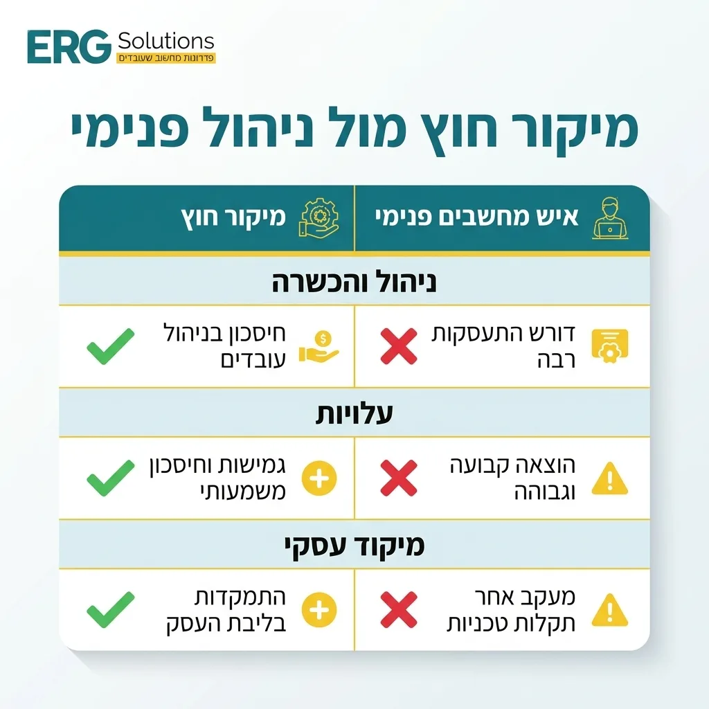 אינפוגרפיקה — מיקור חוץ מול ניהול פנימי: השוואה בין מיקור חוץ, איש מחשבים פנימי