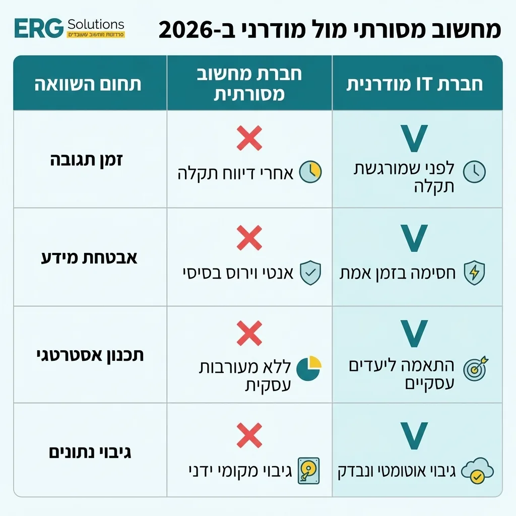 אינפוגרפיקה — מחשוב מסורתי מול מודרני ב-2026: השוואה בין חברת מחשוב מסורתית, חברת IT מודרנית