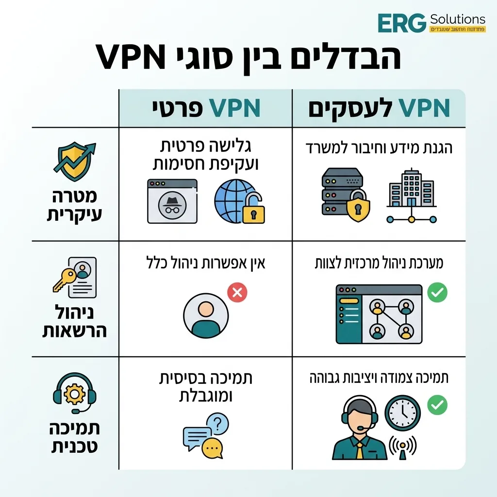 אינפוגרפיקה — הבדלים בין סוגי VPN: השוואה בין VPN פרטי, VPN לעסקים