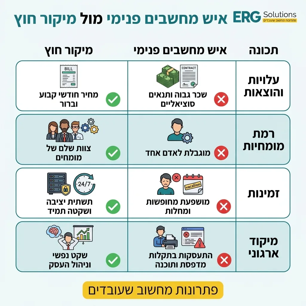 אינפוגרפיקה — איש מחשבים פנימי מול מיקור חוץ: השוואה בין איש מחשבים פנימי, מיקור חוץ