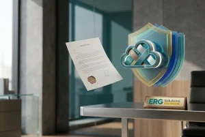 מסמך משפטי מרחף באוויר לצד אייקון של ענן מאובטח עם שכבות של חומות אש צבעוניות.