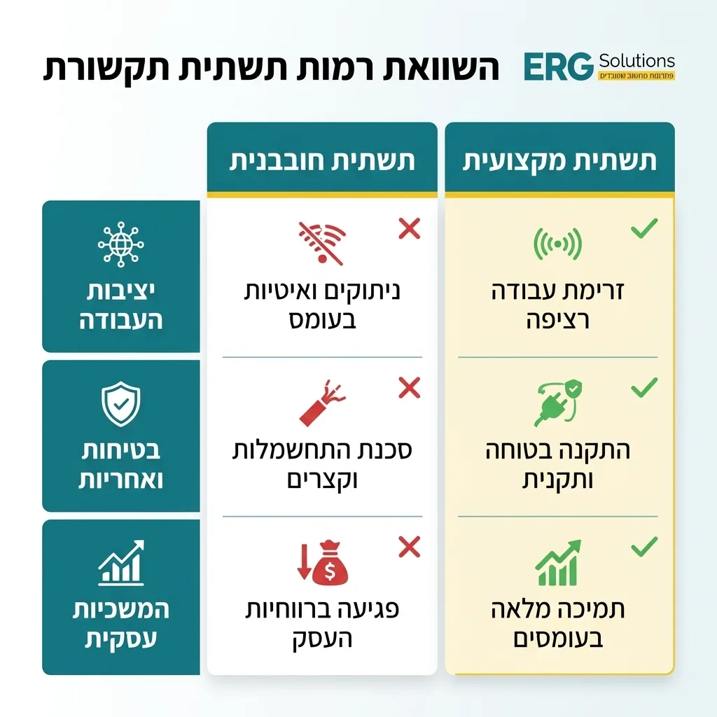 אינפוגרפיקה — השוואת רמות תשתית תקשורת: השוואה בין תשתית חובבנית, תשתית מקצועית
